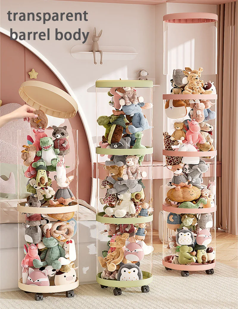Seau en peluche, boîte à jouets pour enfants, conteneur de rangement de poupée, cylindre Transparent, Tube de rangement étanche à l'humidité, organisateur avec roues