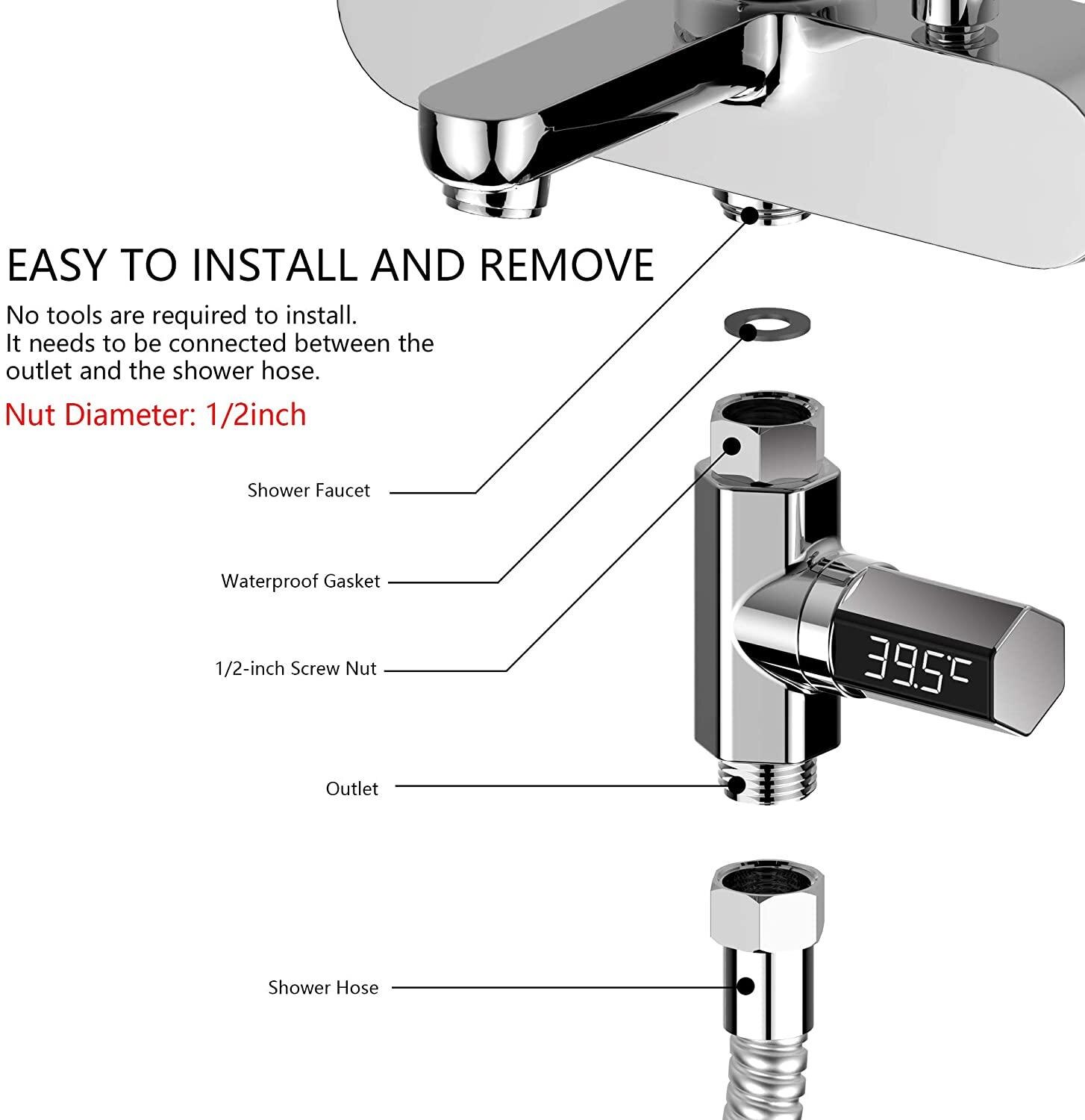 Wyświetlacz doprowadziło termometr prysznicowy, 0 ~ 85 ℃ wanienka pomiar wody, 360 ° obrotowy ekran robić domu kuchnia łazienka (srebrny)