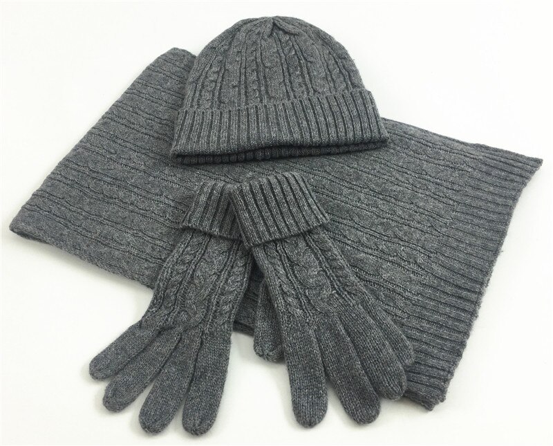 3 pcs Set Winter Knitted Hat Scarf Gloves for Women Beanie Ladies Knitted Scarves Women Winter Clothing Accessories Suit: Dark Grey