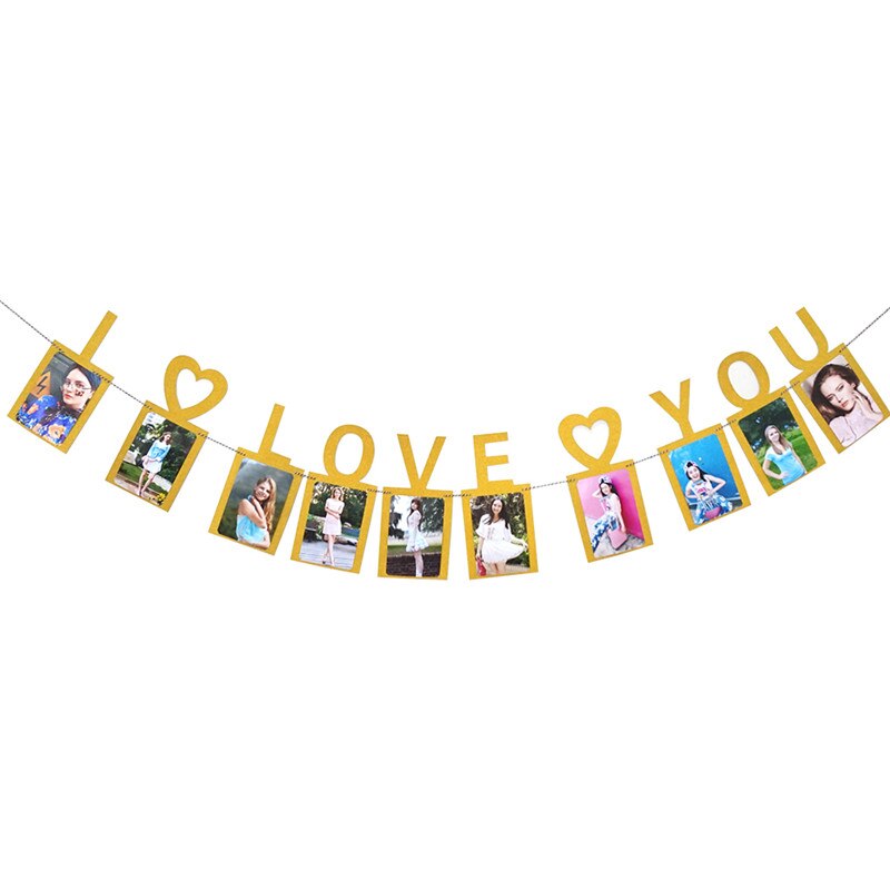 I LOVE YOU Photo Banner Heart Garland Banner for Valentines Day Wedding Engagement and Party Decoration Supplies: Gold