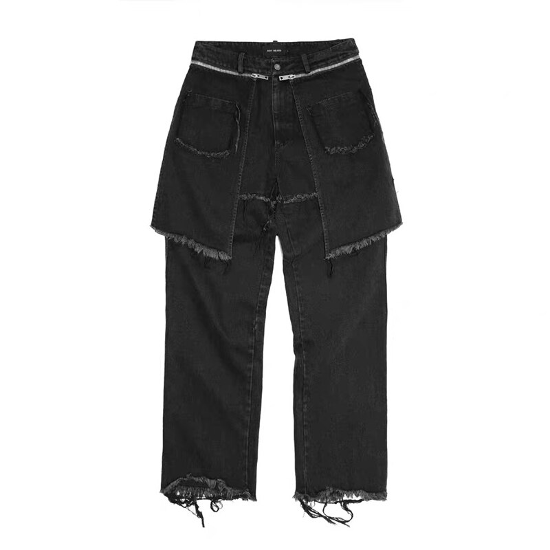 Falda desmontable Harajuku, pantalón vaquero suelto para hombres y mujeres, ropa de calle, pantalones vaqueros rasgados de pierna ancha lavados, pantalones holgados Hip Hop: Asian XL
