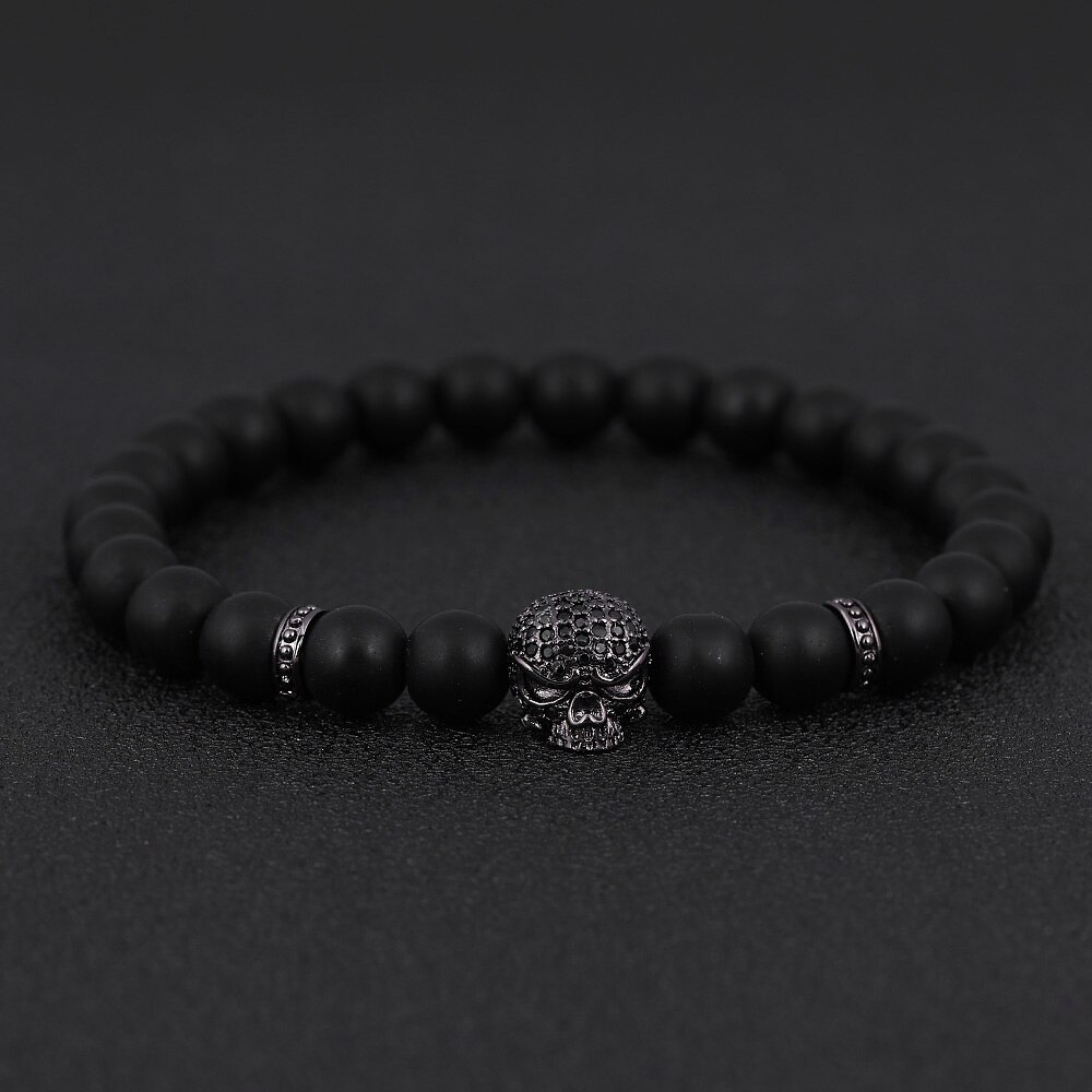 2020 moda nova caveira masculino pulseira fosco cor preta 8mm pedra grânulo pulseira para presente de jóias: 6