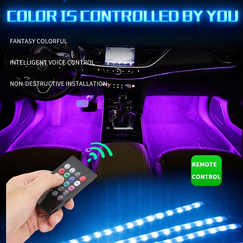 7 kleur/Muziek controle Auto RGB 9LED Strip Voet Licht met usb Inside Sfeer lamp Met Afstandsbediening auto interieur decoratie