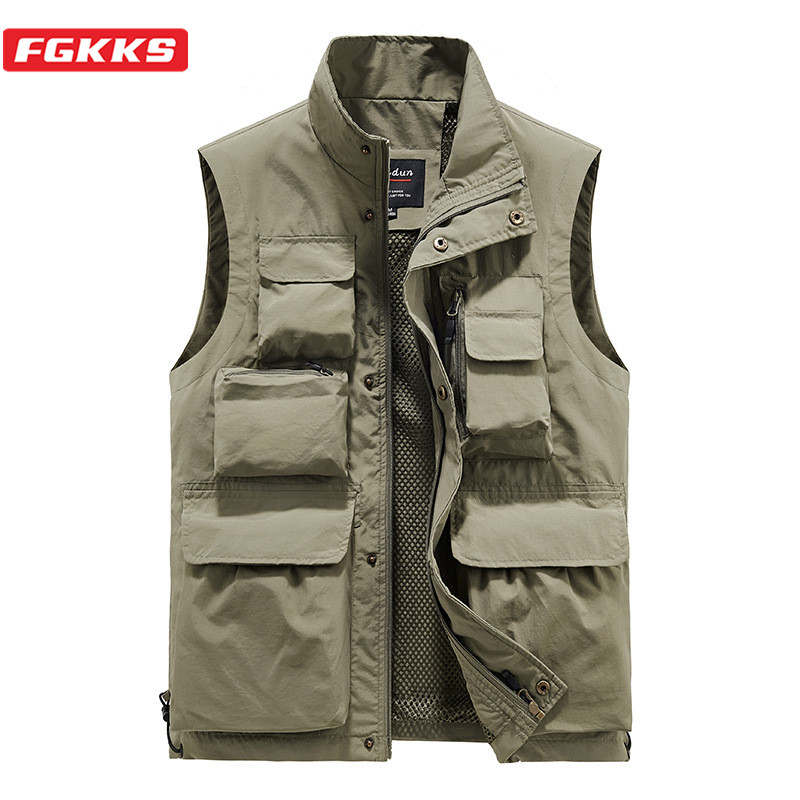FGKKS-Chaleco con múltiples bolsillos para hombre, chaqueta informal de Color sólido para el trabajo, para Director de Pesca, fotógrafo