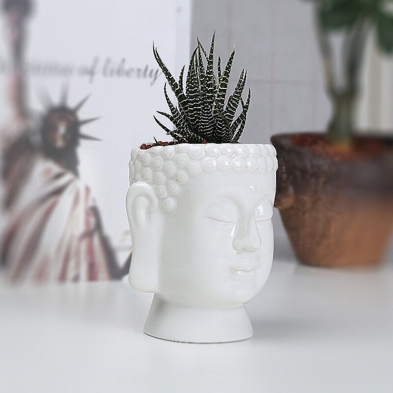 Keramische Boeddha Standbeeld Bloempot Desktop Cactus Succulent Bloempot Home Office Decoratie Vaas Wit