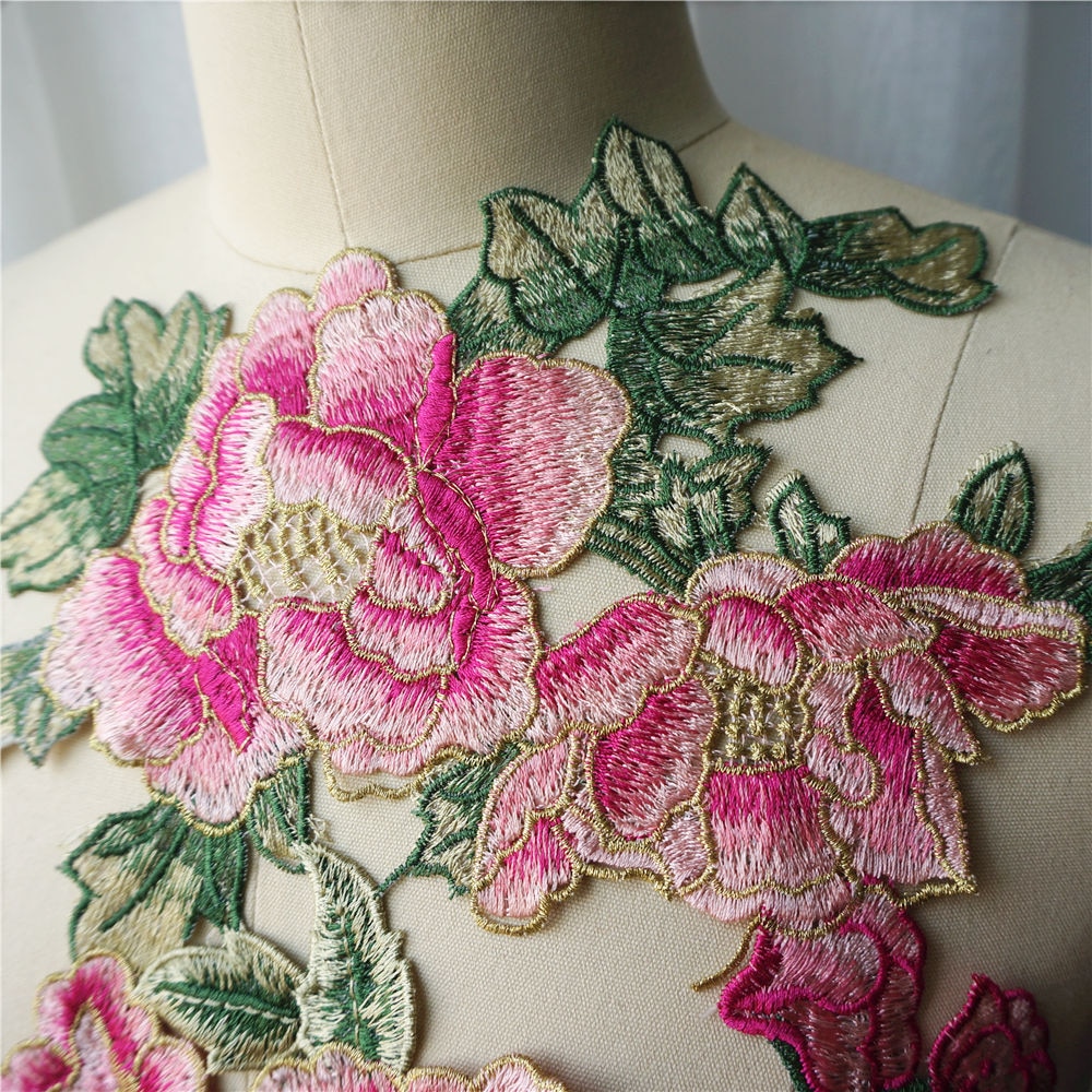 Embroidered Pink Peony Flower Green Leaf Lace Fabric Collar Gown Appliques Sew Patch For Wedding Decoration Dress DIY