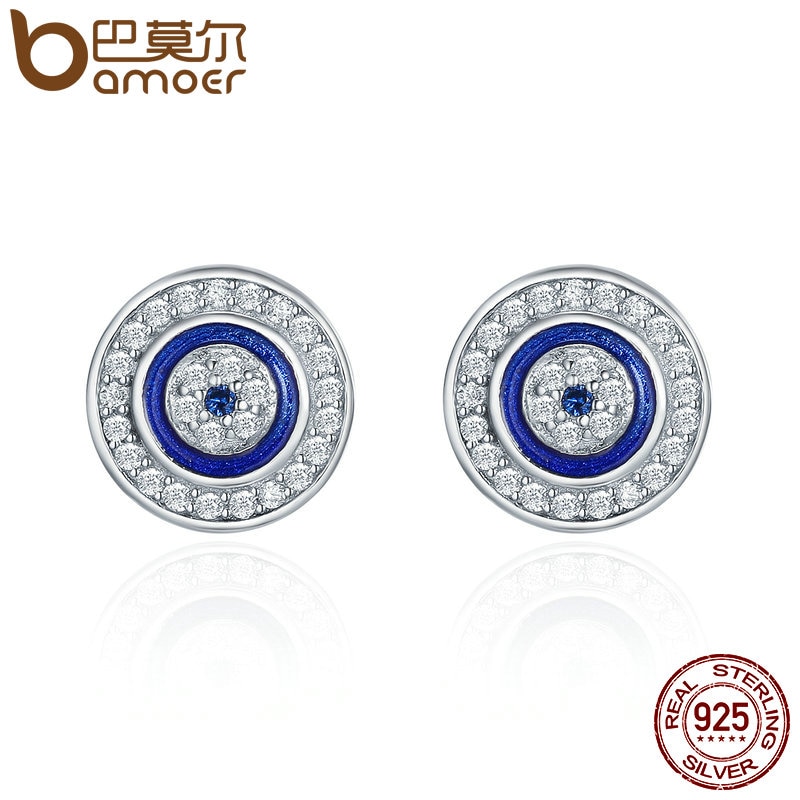 BAMOER Authentic 925 Sterling Silver Blue Eye Round Stud Earrings for Women Sterling Silver Jewelry SCE148