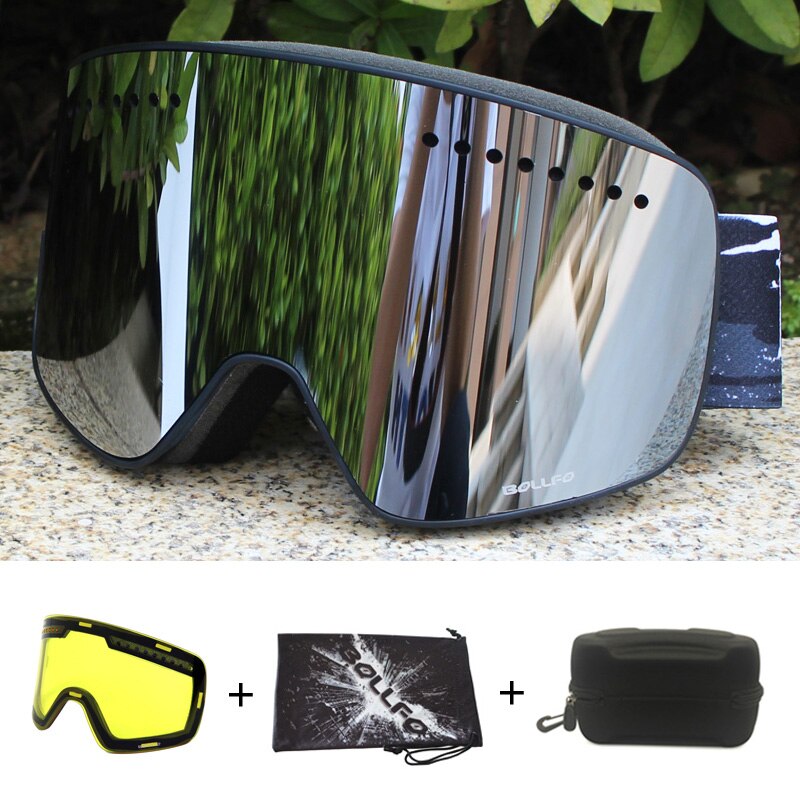 Magnetisk dobbeltlags linse skibriller masker antidugg  uv400 snowboardbriller skibriller briller for menn kvinner med etui: Svart sølv