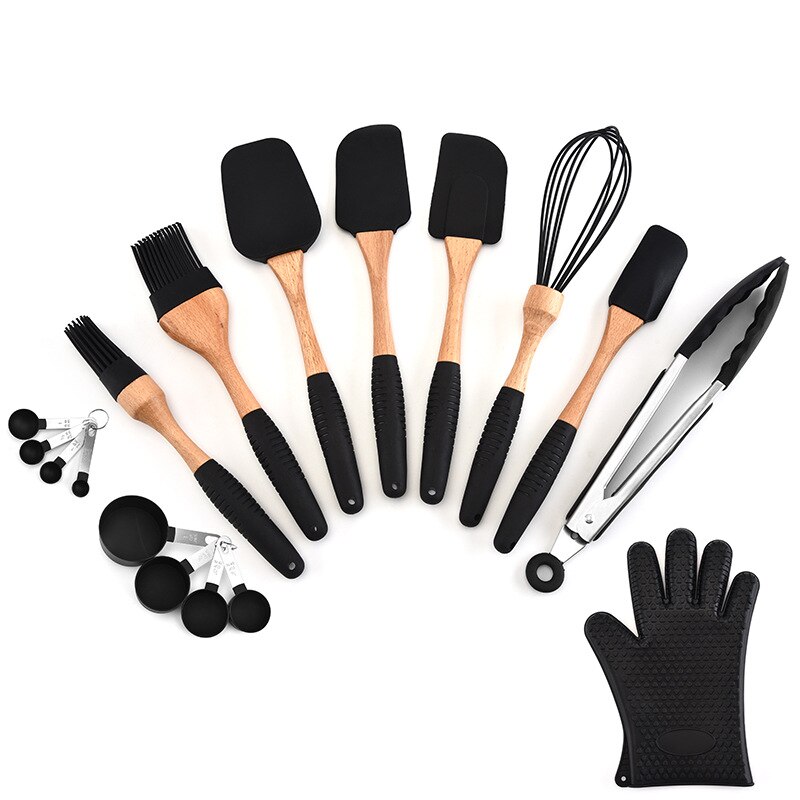 Silicone Cooking Tools Set Wood Turner Soup Spoon Spatula Brush Scraper Pasta Server Gloves Egg Beater Kitchen Utensils Kit Set: 11PCs