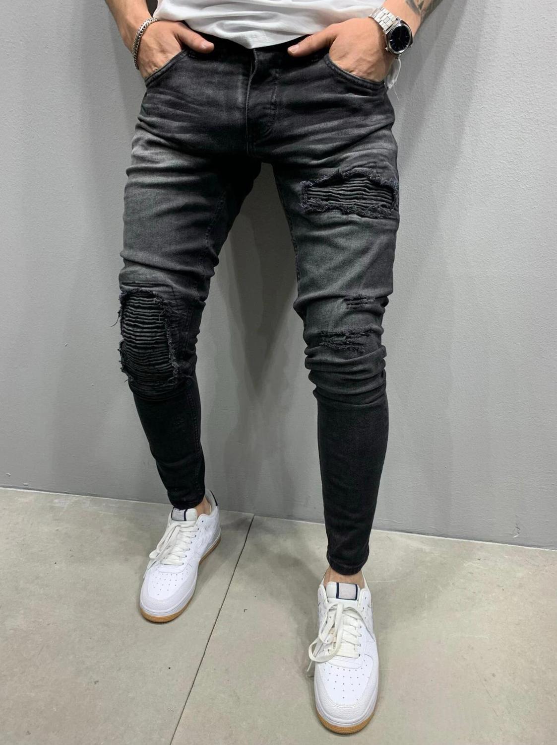 Skinny ripped jeans mænd casual slim fit herre fold jeans homme mærke motor biker hip hop denim bukser bukser pantalones hombre