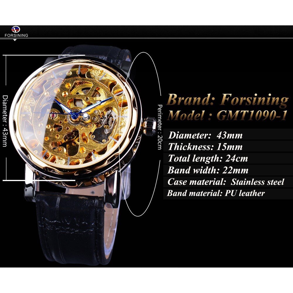 Forsining retro automatische zelfopwindende horloges gouden zwarte display heren skelethorloges topmerk luxe lichtgevende wijzers