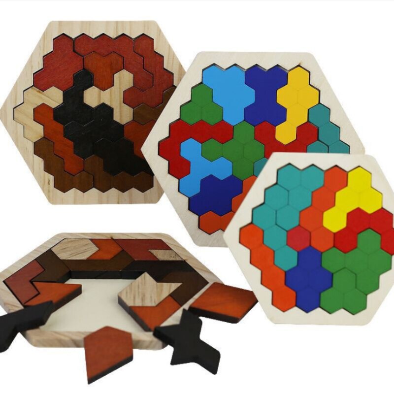 Rompecabezas de madera Hexagonal geométrico para niños, puzle de desarrollo intelectual, diversión, visión en Color, educativo, Toy3D, educativo