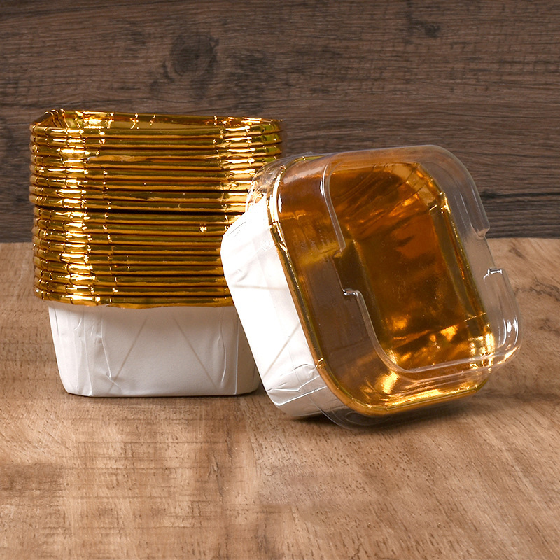 50 Stück quadratische Cupcake-Becher mit Deckel, Pudding-Becher, backfeste Einweg-Cupcake-Becher aus Folie, Muffin-Dosen für Hochzeitsbacken: Licht Gelb
