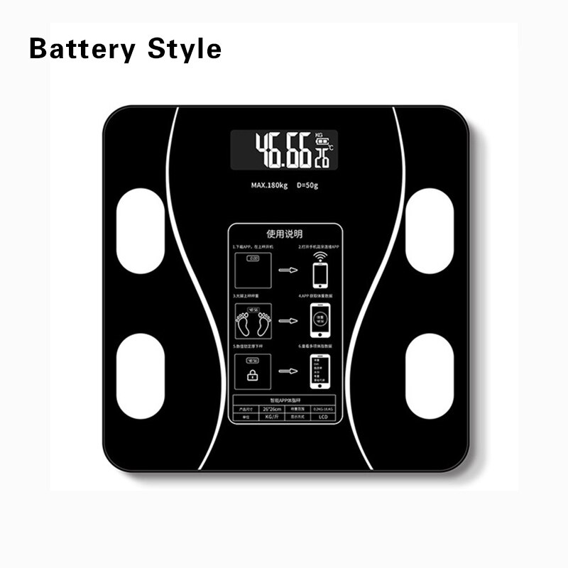 Smart Bluetooth Body Fat Scale Floor Bathroom Weight LED Digital Display Scale Body Composition Analyzer With Smartphone App: Battery black
