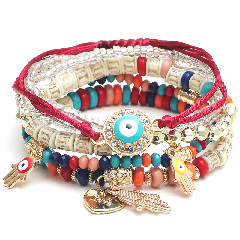 conjunto de pulsera con borlas de mal de ojo para mujer, abalorio de mano de Fátima de cristal, brazalete de cadena con cuentas de piedra, de joyería bohemia para mujer: Rodio plateado