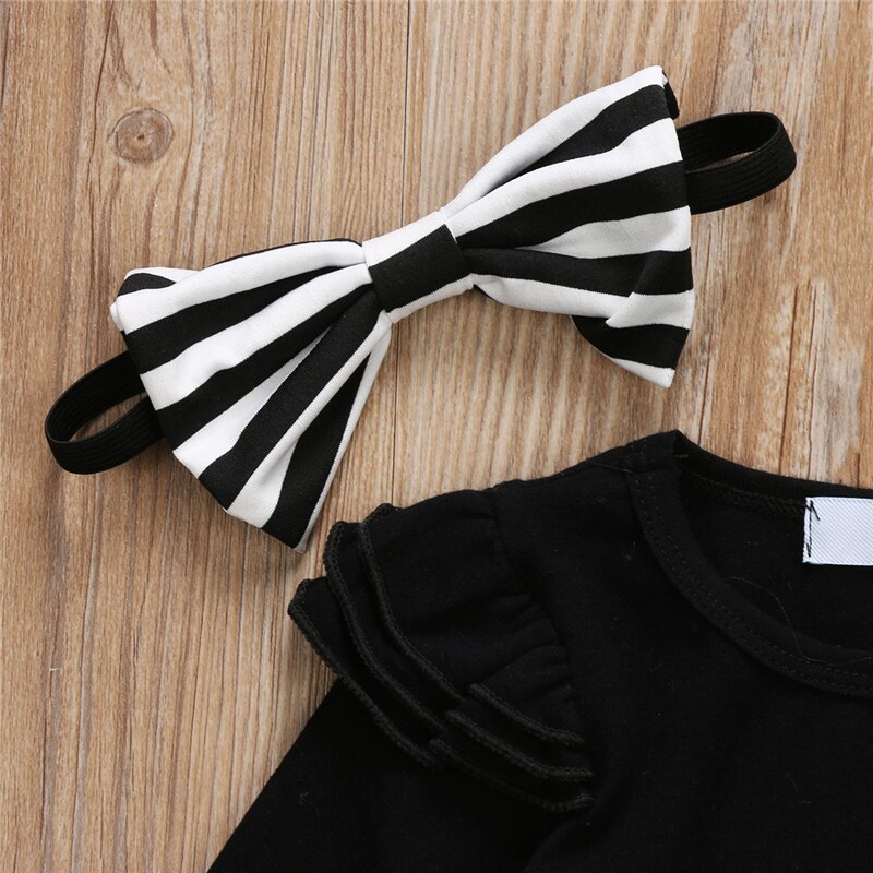 Pudcoco-body de algodón para bebé y niña, Body negro liso de manga larga, media, diadema, trajes para niña