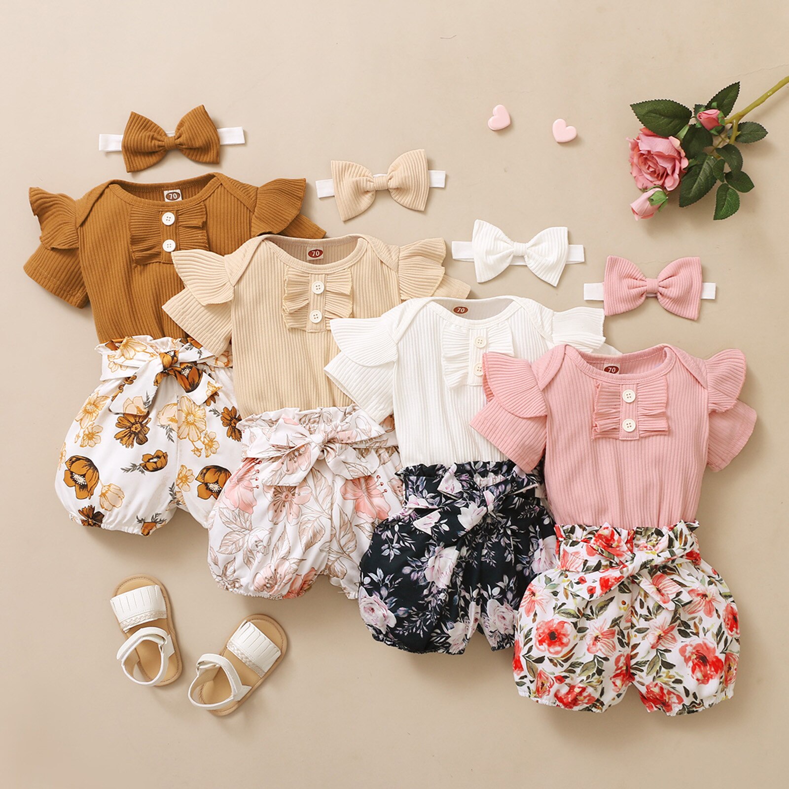 Girl Outfits Toddler Baby Girls Clothes Summer Solid Short Sleeve Ruffle Romper Bodysuit+Floral Print Shorts Headbands Outfits