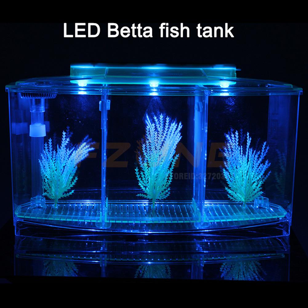 LED Light Acrylic Three Splits Betta Fish Bowl Triple Bow Fighting Isolation Breed Box for Aquarium
