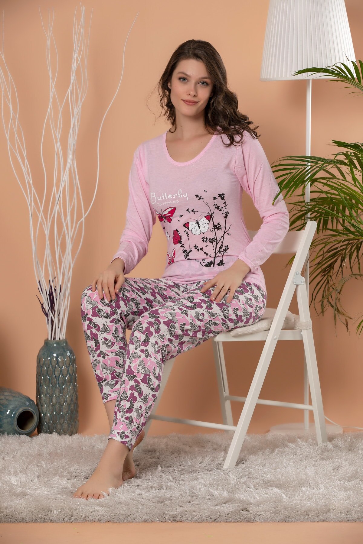 Jordbær kvinder antracit trykt langærmet pyjamasdragt: Pulverrosa / L