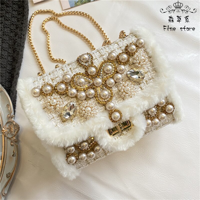 Luxus Perlen Pelz Umhängetaschen für Frauen Winter Handtaschen Bling Strass Diamant Damen Abend Party Mini Tasche