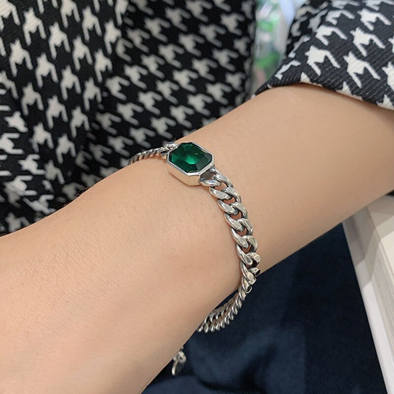 Foxanry 925 Sterling Zilveren Armband Voor Vrouwen Trendy Elegante Vintage Eenvoudige Groene Zirkoon Partij Sieraden Verjaardag