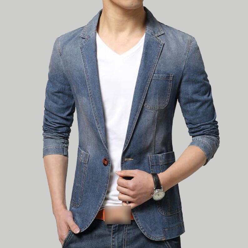 Blazer de de de otoño para hombres, trajes vaqueros de tendencia para hombres, chaqueta Casual de mezclilla para hombres, chaqueta de mezclilla ajustada para hombres: Dark Blue / M