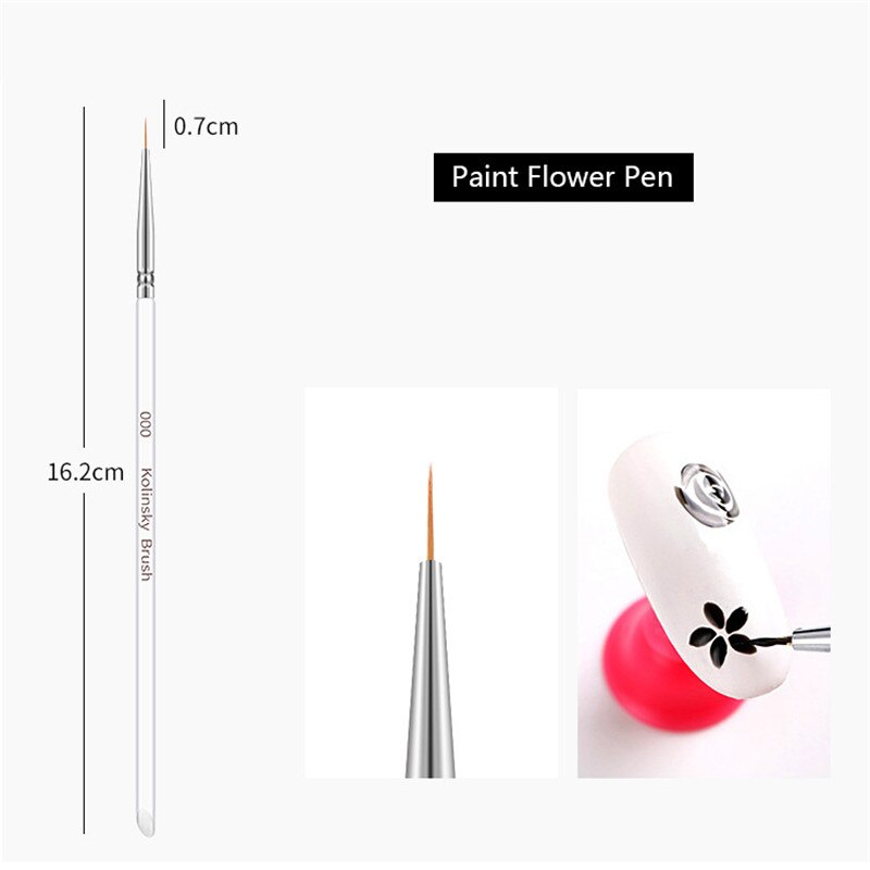 Kolkolinsky pincel de unha arte de cristal, delineador fino acrílico de cristal, caneta de desenho, pintura de listras, flor, 2 lados, arte de unha, ferramentas de manicure