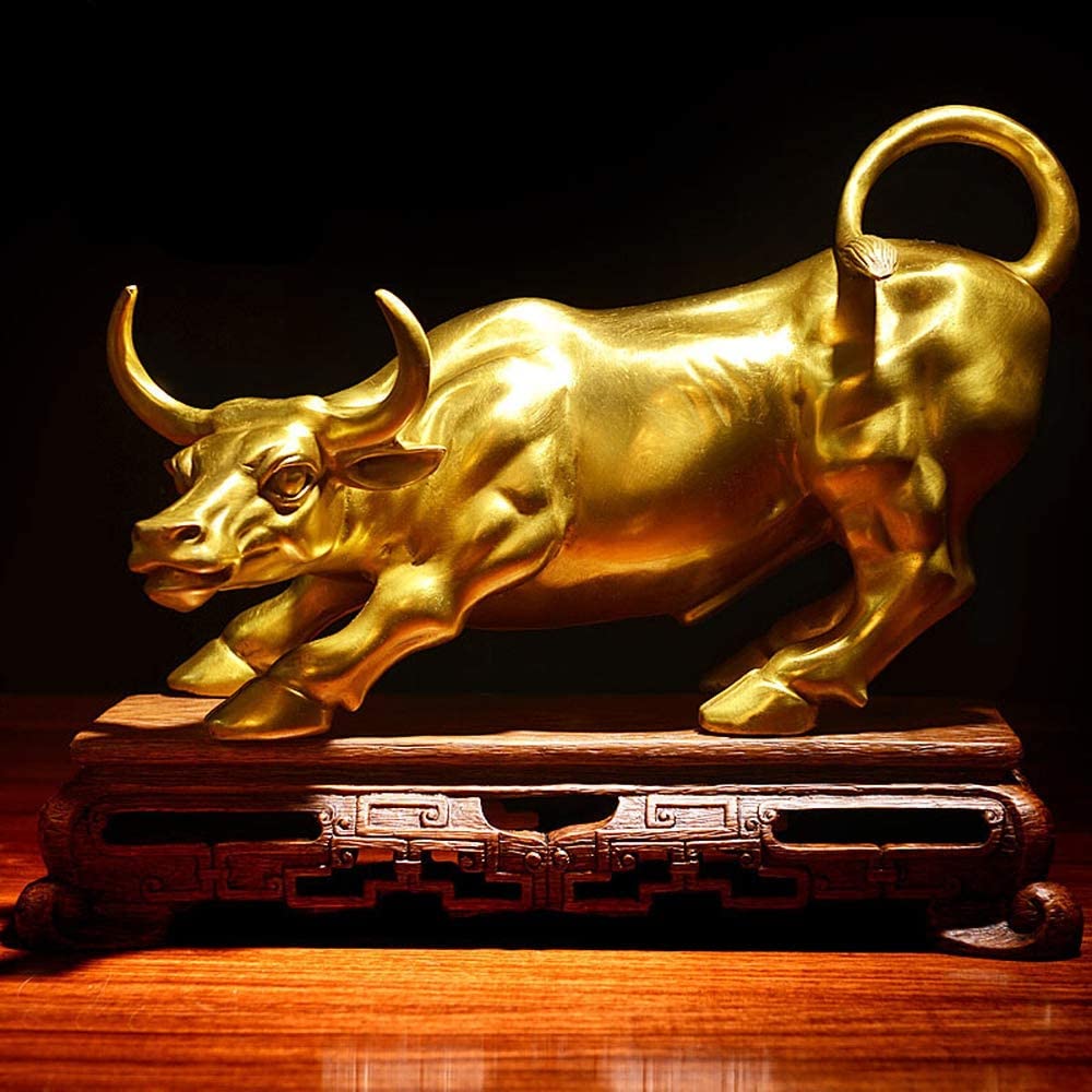 Feng Shui Fortune Brass Wall Street Bull Statue, Sculpture Home Decoration Golden Copper Bull Represents Good Luck of Career and