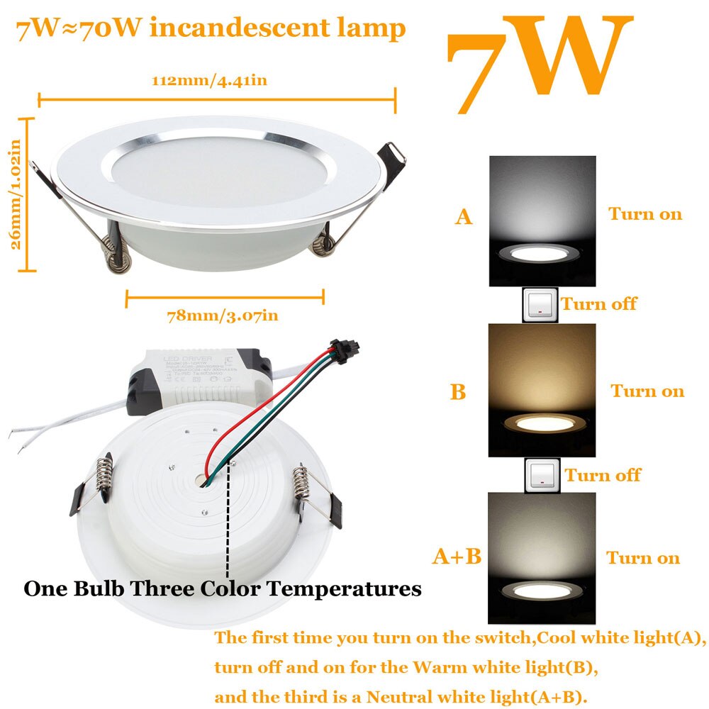 LED Downlight 3W 5W 7W 9W 12W 15W 18W empotrable redondo lámpara 85-265V Cool + neutro + Led blanco cálido bombilla de Interior llevó la iluminación del punto: 7W