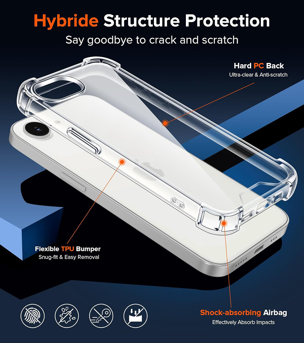 Carcasă spate rezistentă la șocuri pentru iphone 17 air 16e 16 15 14 13 pro max plus mini, silicon transparent, hibrid, din silicon dur și moale