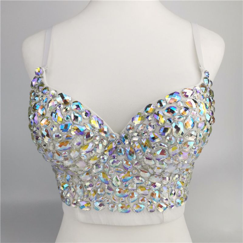 Women AB Colored Rhinestone Bustier Crop Top Spaghetti Strap Push Up Corset Vest 50JB