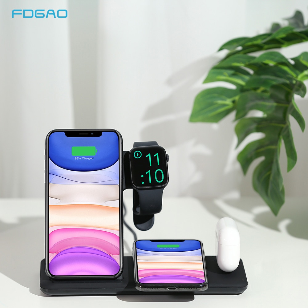 Fdgao 4 in 1 qi trådløs opladerstation 15w hurtigopladningsstander til iphone 11 pro x xr xs max apple watch 5 4 3 2 1 airpods pro