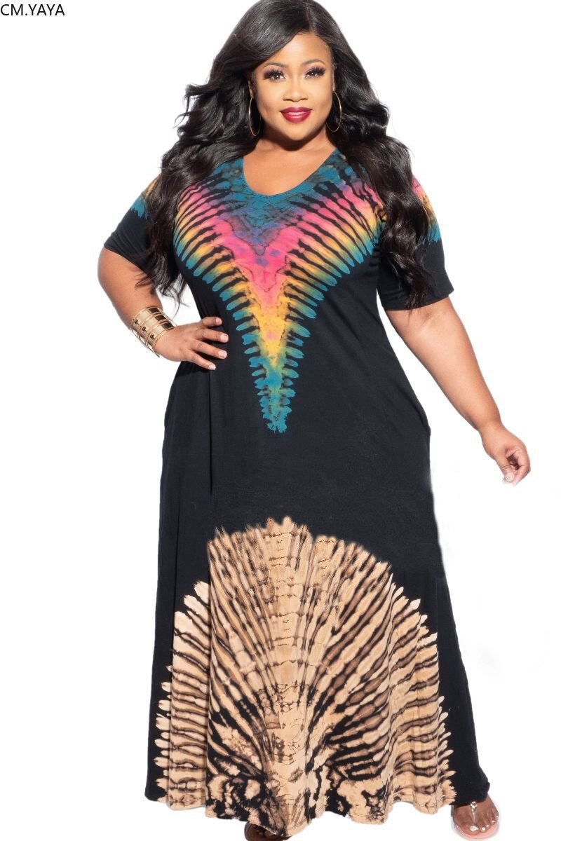 CM.YAYA-vestido largo Retro de talla grande para mujer, XL-4XL estampado Vintage de manga corta, corte en A, cuello redondo