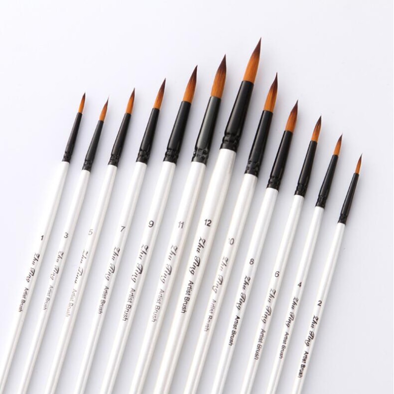 12 stuks per Set Gemengde Size Wees Wit Nylon Haar Kwast Acryl Water Gouache Kunstenaar Tekening Pen
