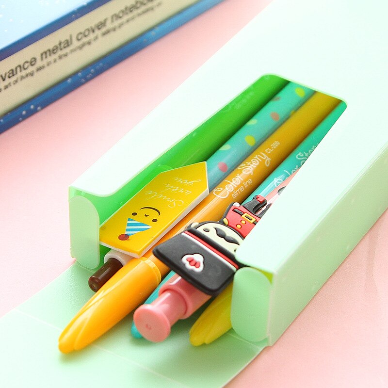 Estuche de lápices de plástico con dibujo animado Color caramelo, estuche escolar, papelería para estudiantes, material escolar,