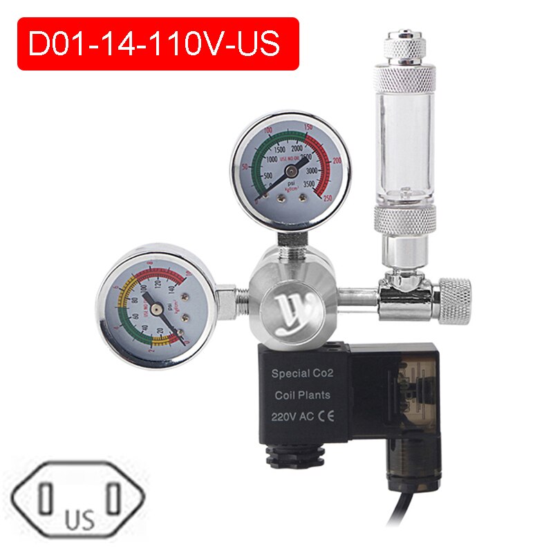 WYIN Aquarium CO2 regulator, with bubble counter fine-tuning valve 360°rotating CO2 electromagnetic pressure reducing equipment: D01-14-110V-USplug / W21.8