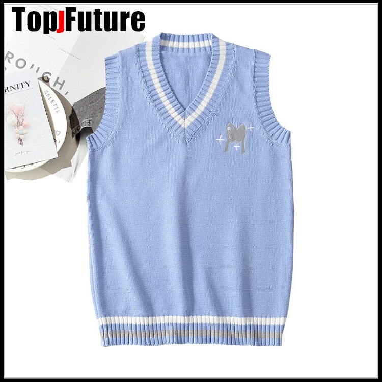 BLUE Japanese girl's Knitted Vest cute versatile sweater school Uniform Cardigans JK UNIFORM embroidery sweater