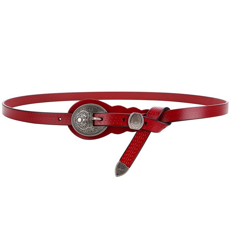 Vintage Metal Buckle Head Waist Belt Womens Medeival Larp Viking Costume Accesory Fashon Thin Waistband Straps Curved For Lady: Red(110cm)