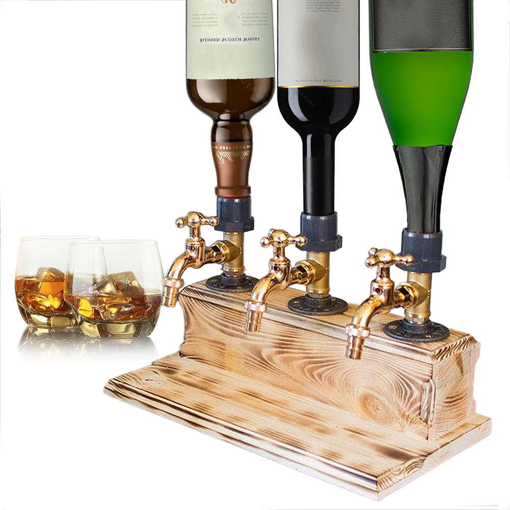 3 Bottle Liquor Alcohol Whiskey Wood Dispenser Beer Tap Stand Drink Holder Mount Rack Alcohol Whiskey Dispensers Organizer