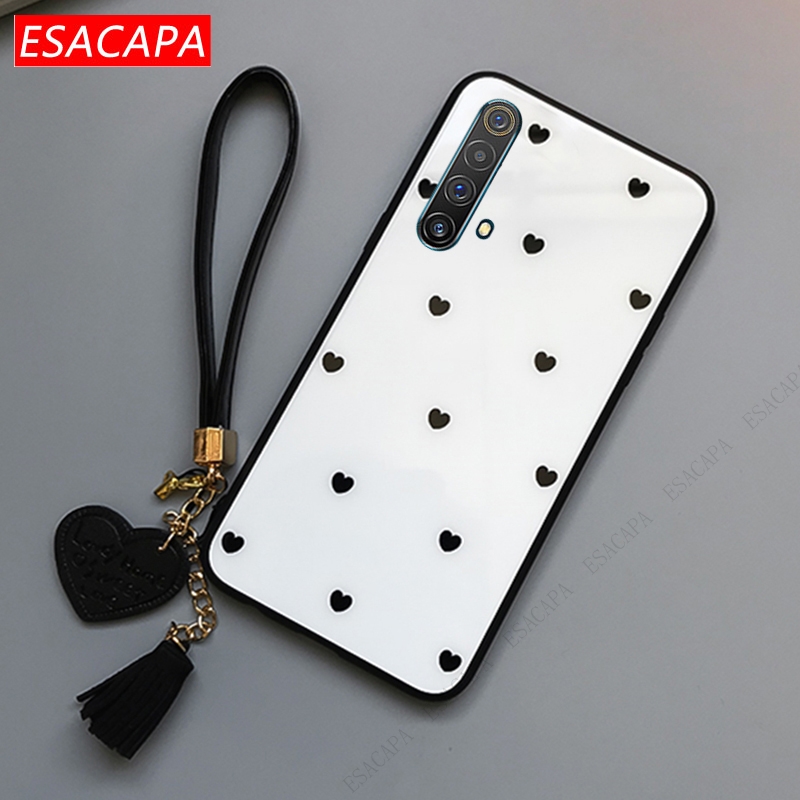 For Oppo Realme X50 7 Pro X3 Superzoom C12 Phone Case Love Tempered Glass Protection Cover For Realme 11 Pro 10 7 6 With lanyard: Other / Beige