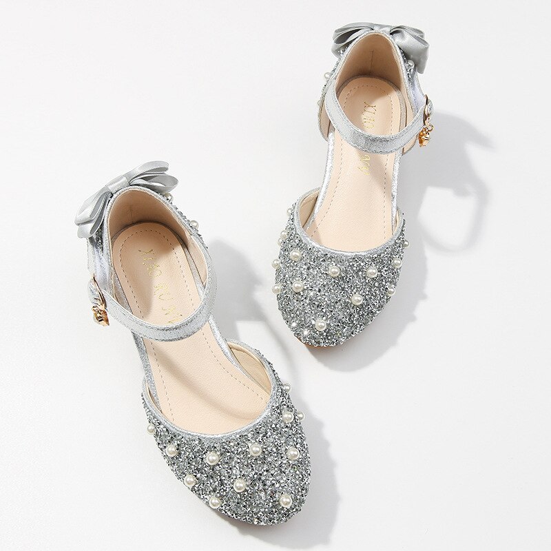 SKHEK dziecięce skórzane buty dla dziewczynek księżniczka kwiat dorywczo brokat dzieci szpilki dziewczęce buty motylkowy węzeł niebieski różowy srebrny