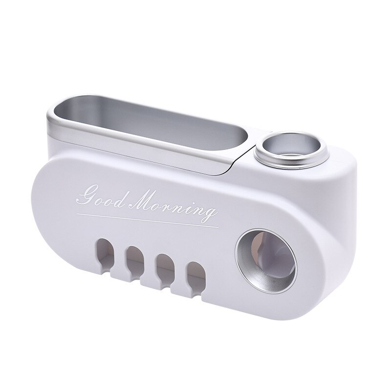 Soporte para cepillo de dientes multiusos, dispensador automático de pasta dental, estante de almacenamiento de maquillaje, juegos de accesorios de baño, artículos para el hogar: White Silver