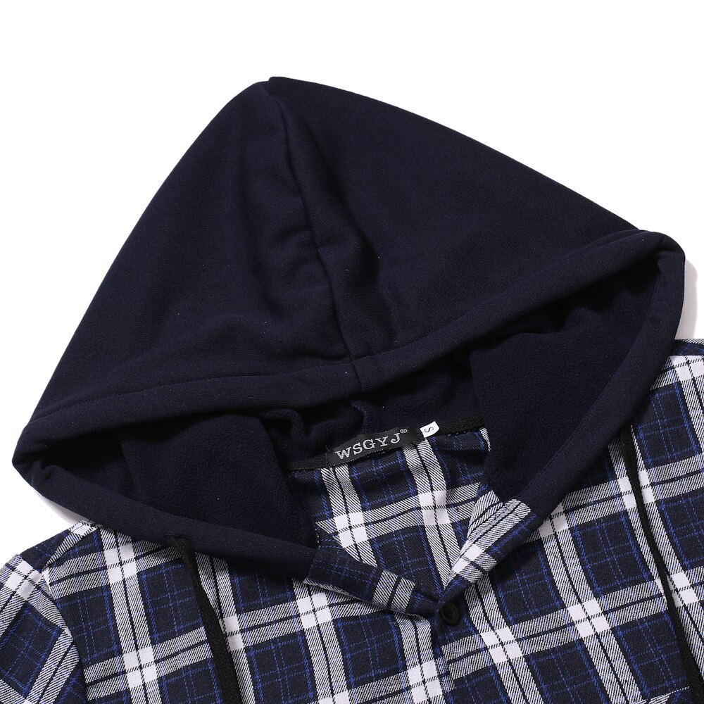 Katoen Hombre Sudaderas Con Capucha Plaid Gedrukt Navy Hooded Shirt Mannen Tops Streetwear Lange Mouwen Hip Hop Shirts
