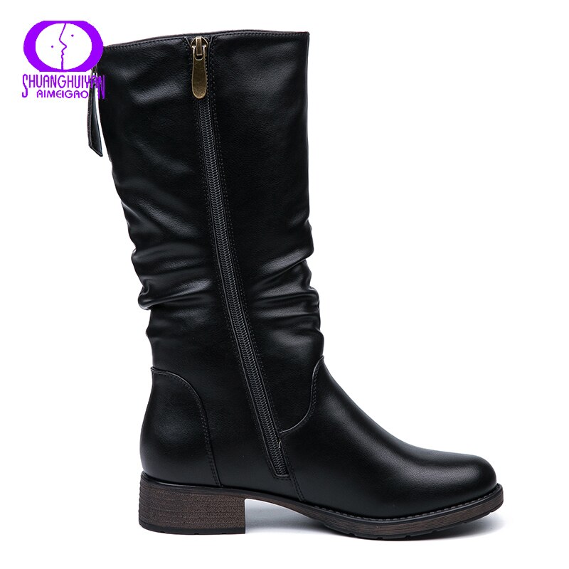 Aimeigao winter geplooide hoge laarzen dames warme halfhoge pu sneeuwschoenen dames korte pluche ronde neus rits laarzen dames zwart