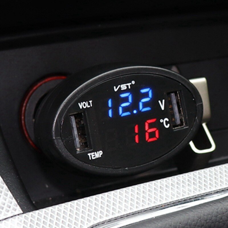 DC12-24V Universele Auto Doul Usb Charger Digitale Display Led Voltmeter Thermometer 3in1 Auto Accessoire Batterij Meter Monitor Panel