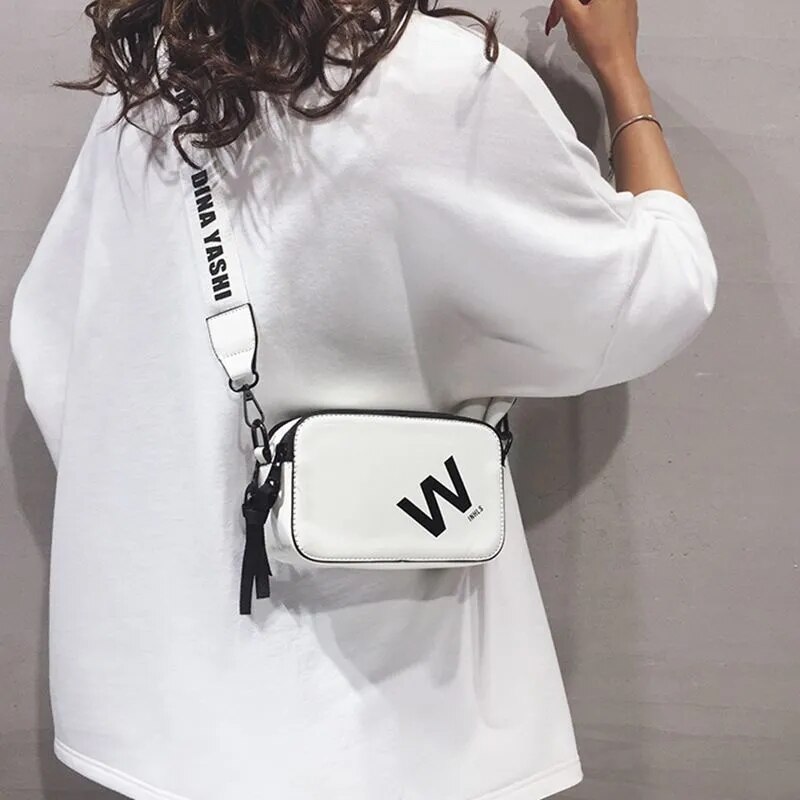 Estilo coreano carta impresión bolso cruzado de cuero Pu cremallera de pequeño cuadrado bolsas para las mujeres Casual bandoleras de viaje: white