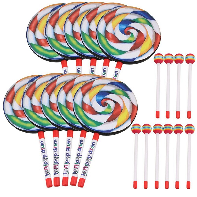 7.9 Inch Lolli Vorm Drum Met Regenboog Kleur Mallet Muziek Ritme Instrumenten Kids Baby Kinderen Spelen Speelgoed Pak Van 10