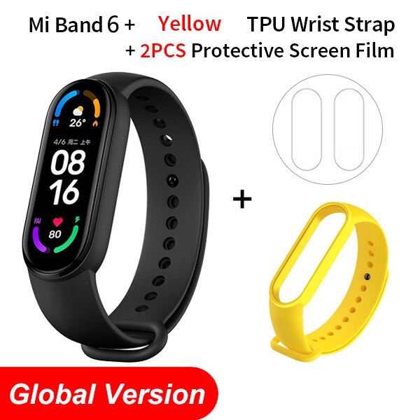 Global Version Xiaomi Mi Band 6 AMOLED Screen Blood Oxygen Fitness Traker Heart Rate 5ATM Waterproof Smart Band 5 Color Bracelet: Global N YellowStr