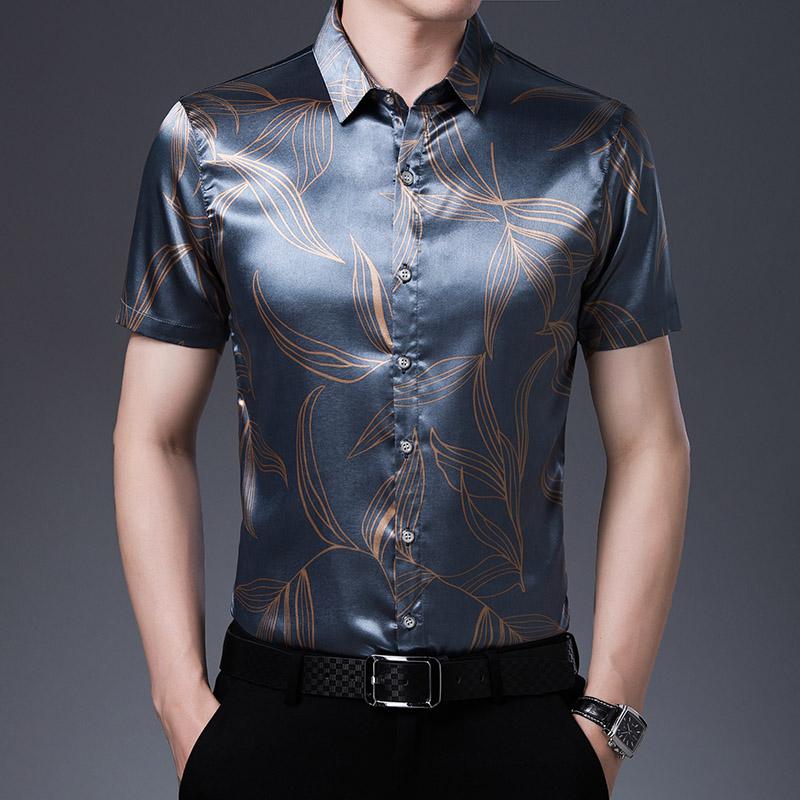 Silver Shirts Mens Satin Silk Short Sleeve Shirts Printed Shirts For Mens Casual Business Korean Clothing Mens Office: silk / M