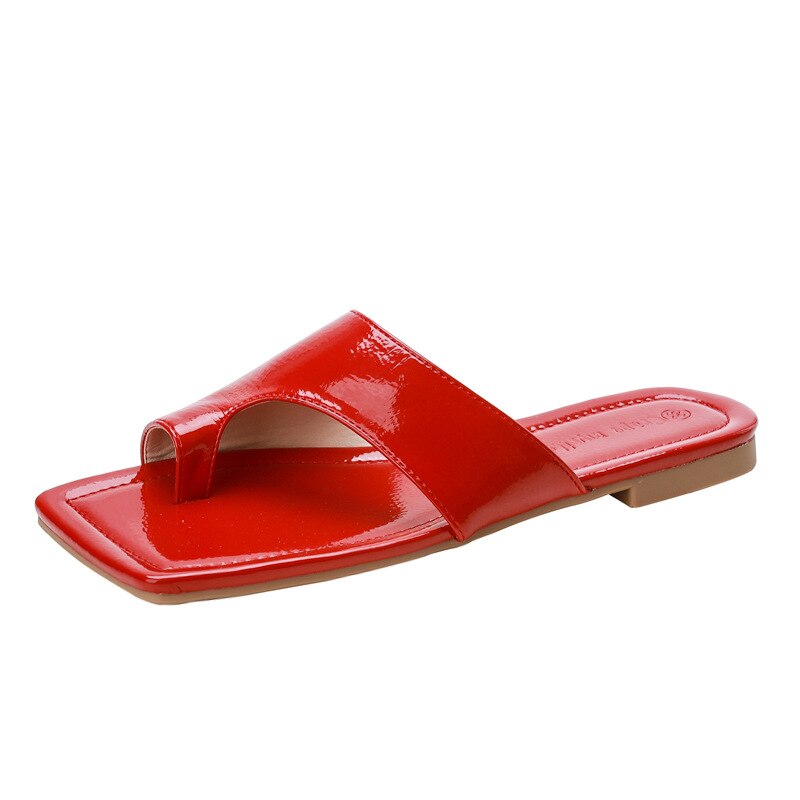 Tofflor dam sommar klädsel stil tofflor med låg klack cool delad tå fyrkantig huvud tå täcker tidvatten nät röda platta sandaler: Röd / 34